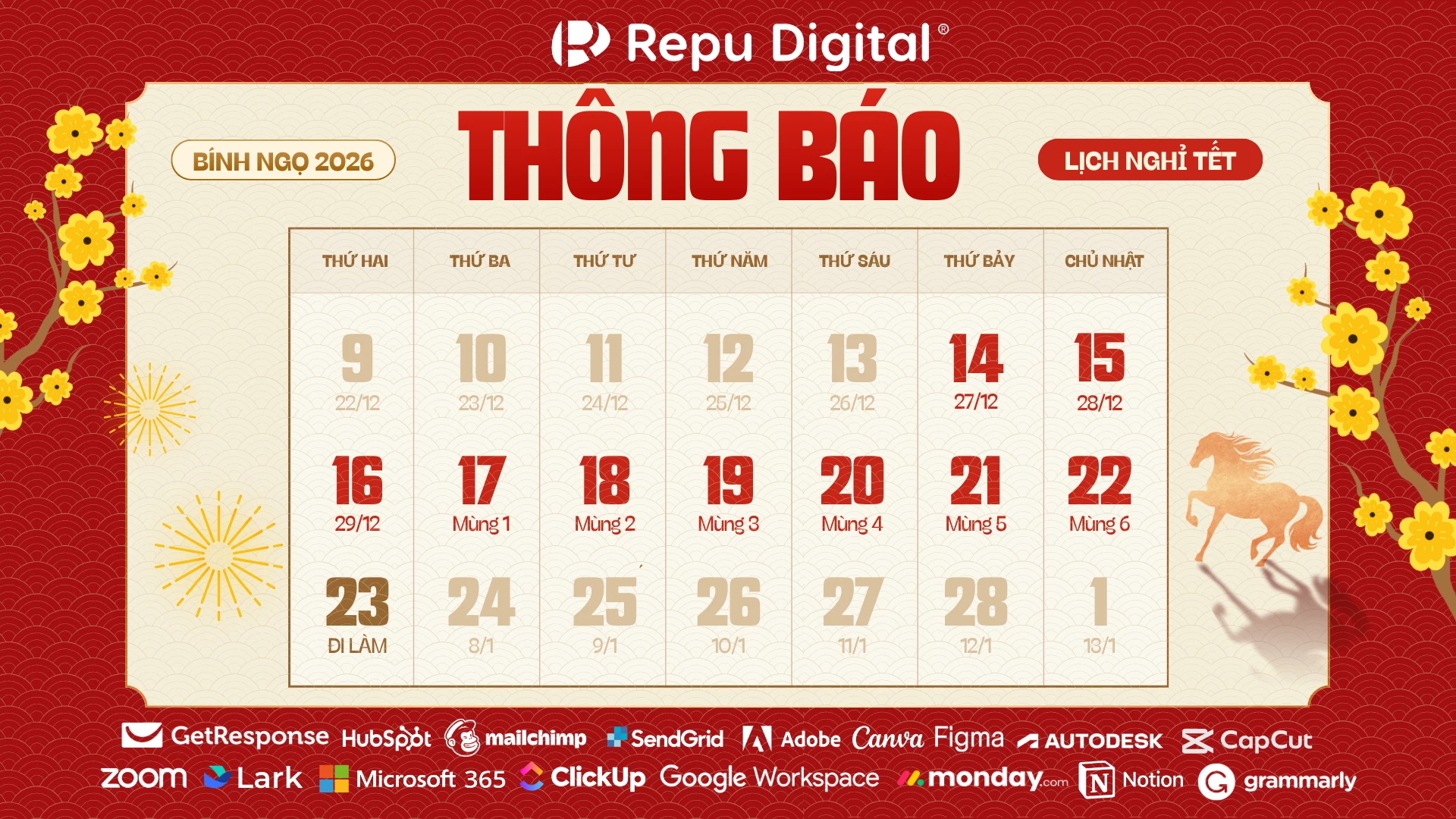 Repu Digital thông báo lịch nghỉ Tết nguyên đán 2026